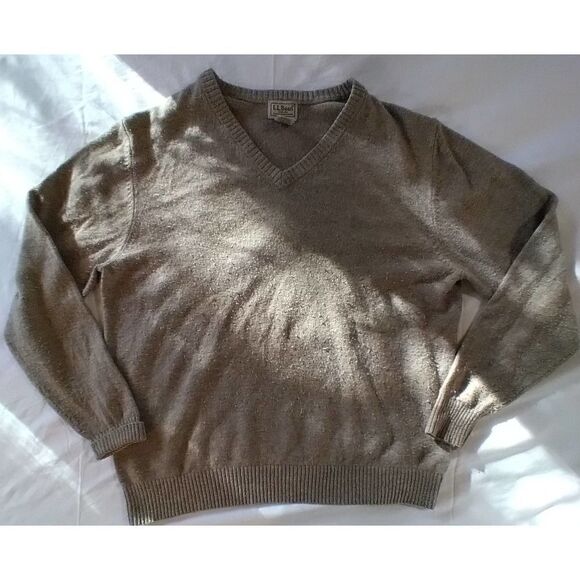 MENS LL BEAN LAMBS WOOL V NECK PULLOVER SWEATER BROWN TAN SIZE LARGE REGULAR - Picture 1 of 5